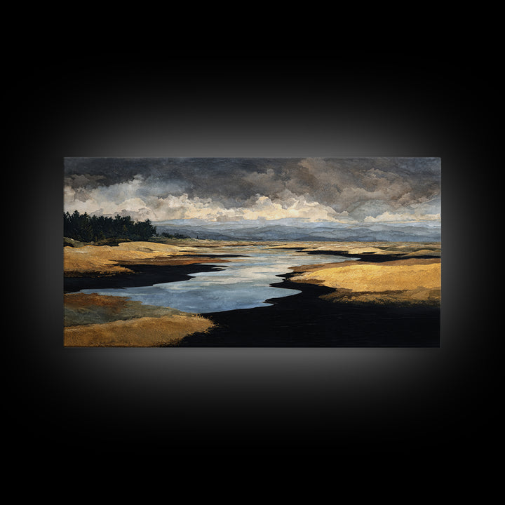 Volcanic Black Beach Framed Canvas Print, Landscape Art, Contemporary Art, Living Room Decor, Fine Art, Horizon, Original Art, LAN-2x1-10