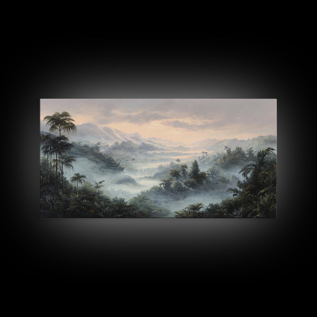 Tropical Jungle Waterfall Framed Canvas Print, Landscape Art, Room Decor, Living Room Decor, Fine Art, Horizon, LAN-2x1-12
