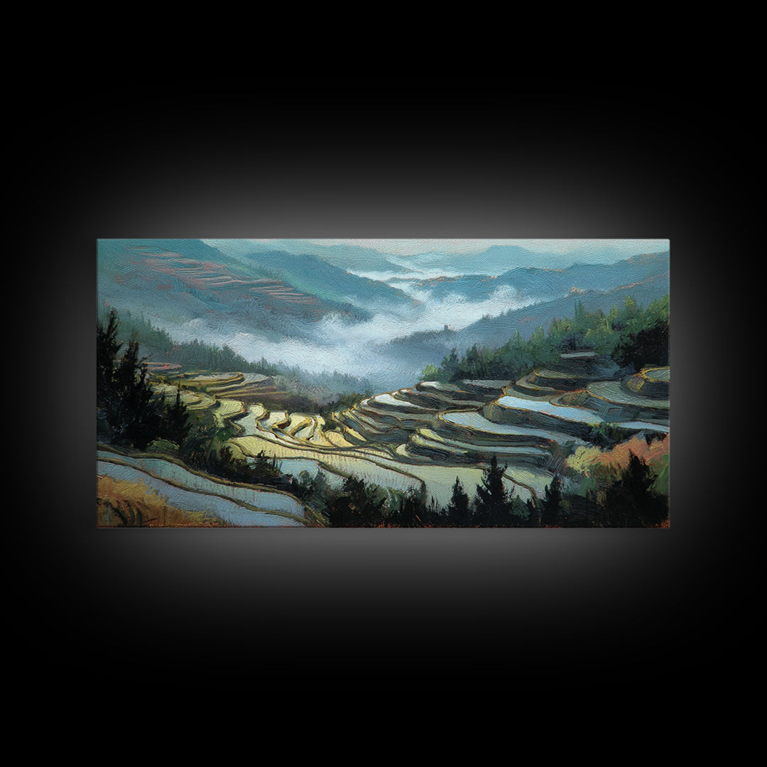 Rice Terraces Glowing Framed Canvas Print, Landscape Art, Luxury Decor, Living Room Decor, Fine Art, Horizon, Digital Art, LAN-2x1-14