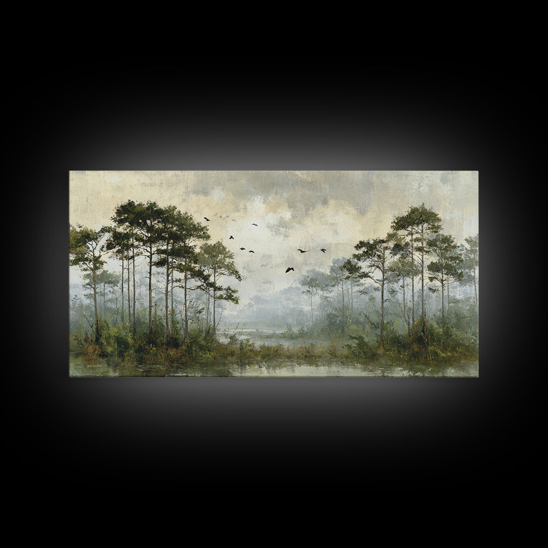 Misty Cypress Swamp Framed Canvas Print, Landscape Art, Room Decor, Living Room Decor, Fine Art, Horizon, Printable Wall Art, LAN-2x1-18