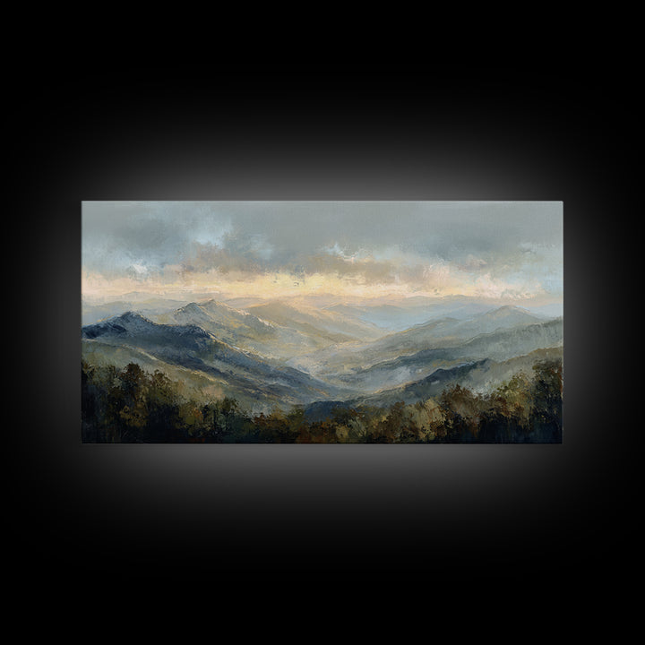 Misty Mountain Valley at Sunrise Canvas Print, Landscape Art, Digital Art, Living Room Decor, Fine Art, Horizon, Boho Wall Art, LAN-2x1-21