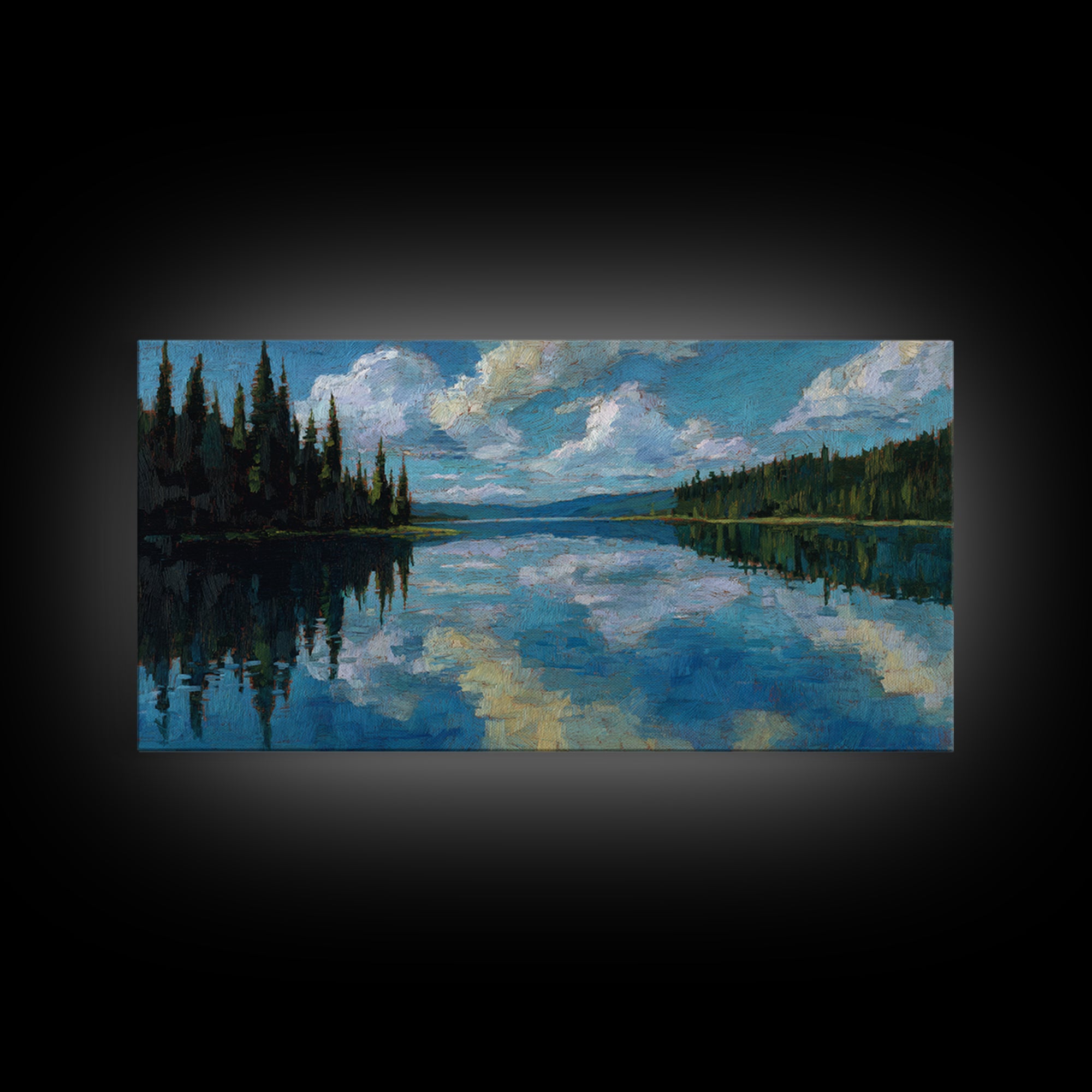 Quiet Lake Reflecting Pine Forest Framed Canvas Print, Landscape Art, Minimalist Decor, Living Room Decor, Oil Painting, LAN-2x1-24