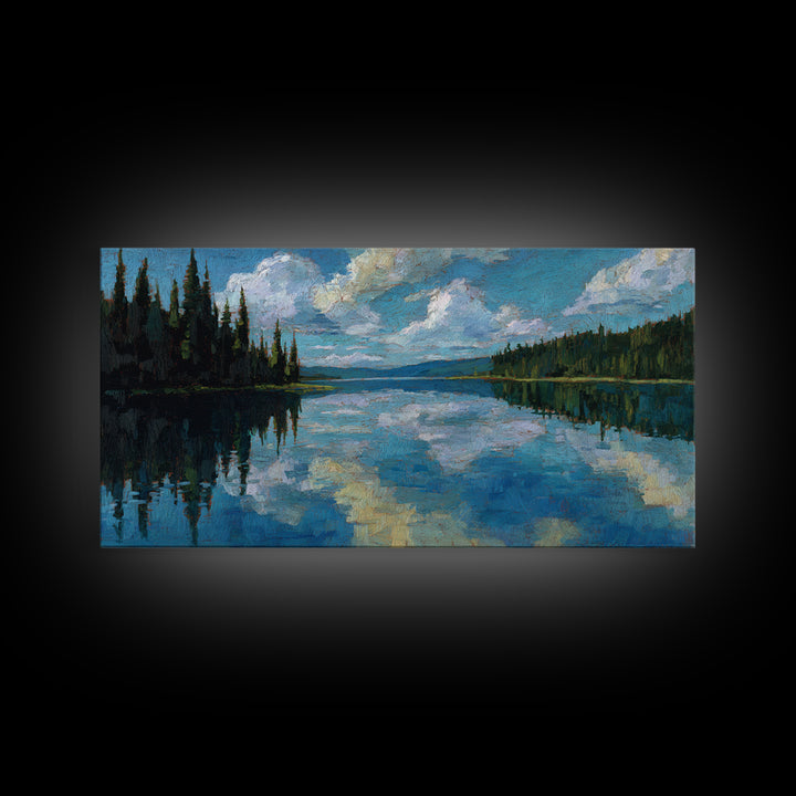Quiet Lake Reflecting Pine Forest Framed Canvas Print, Landscape Art, Minimalist Decor, Living Room Decor, Oil Painting, LAN-2x1-24