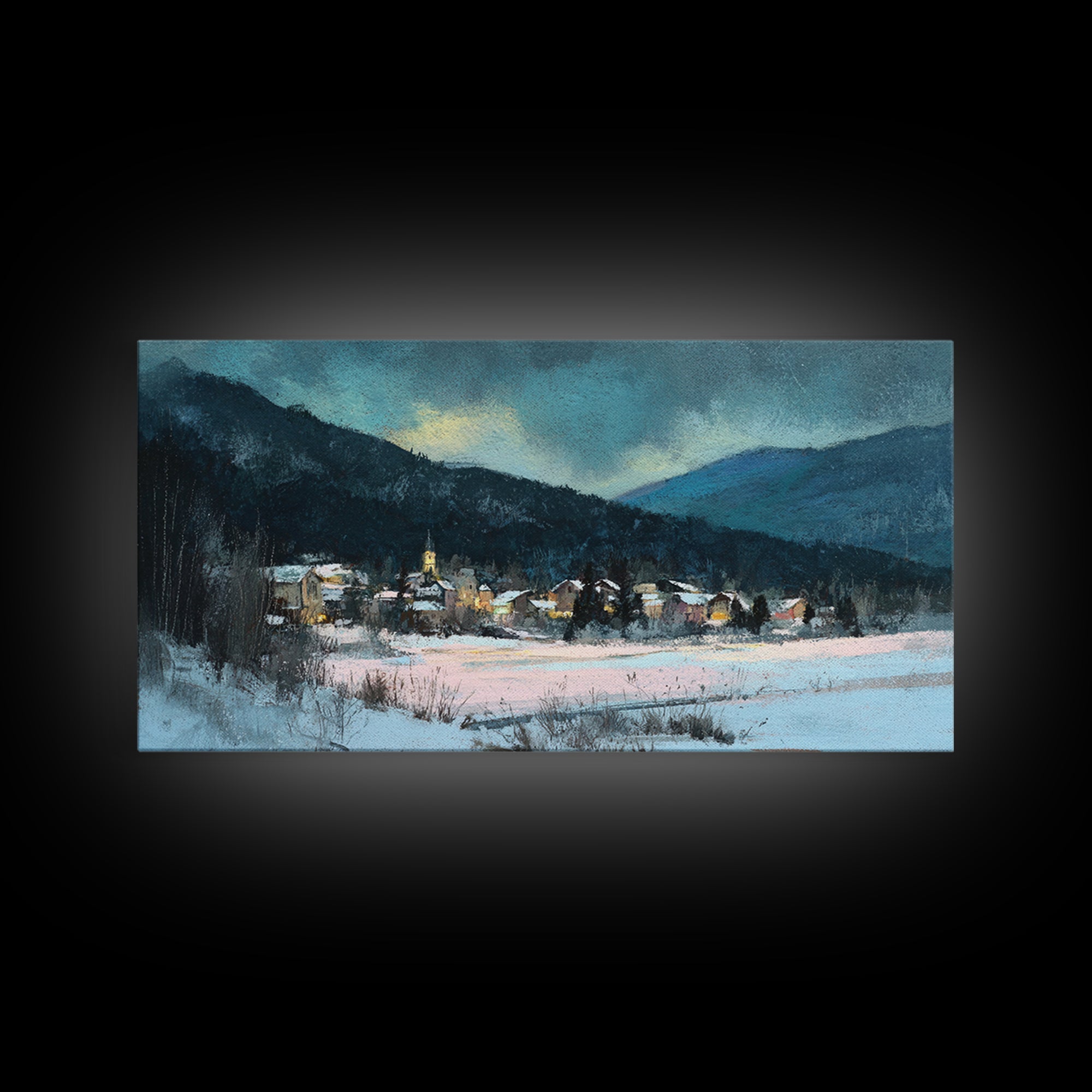 Snow Covered Alpine Village at Dusk Framed Canvas Print, Landscape Art, Boho Decor, Living Room Decor, Fine Art, Horizon, LAN-2x1-27