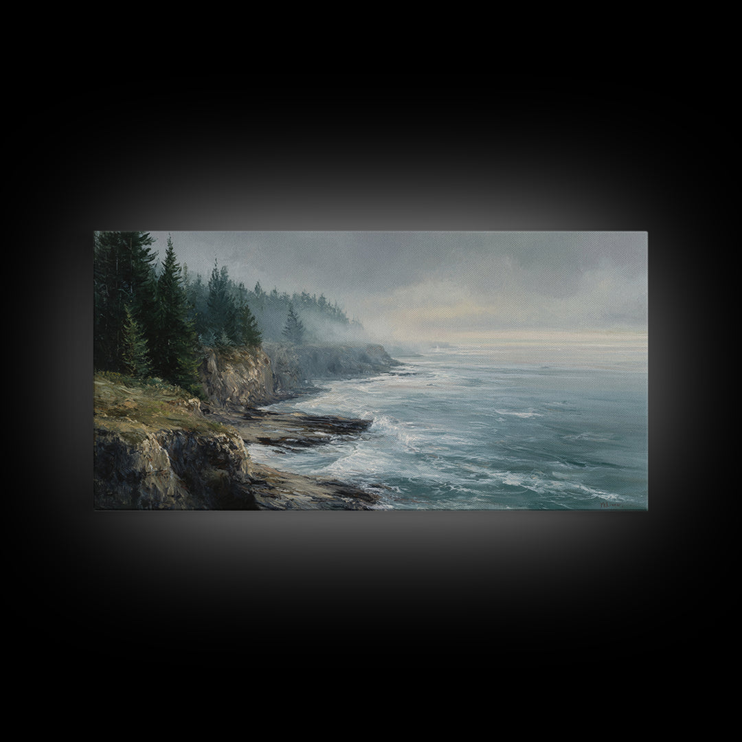 Coastal Cliffs with Crashing Waves Framed Canvas Print, Landscape Art, Contemporary Art, Living Room Decor, Fine Art, Horizon, LAN-2x1-28