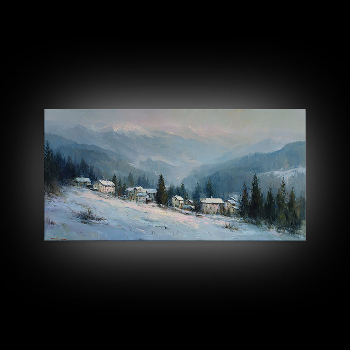 Snow Covered Alpine Village at Dusk Framed Canvas Print, Landscape Art, Framed Wall Art, Living Room Decor, Oil Painting, LAN-2x1-3