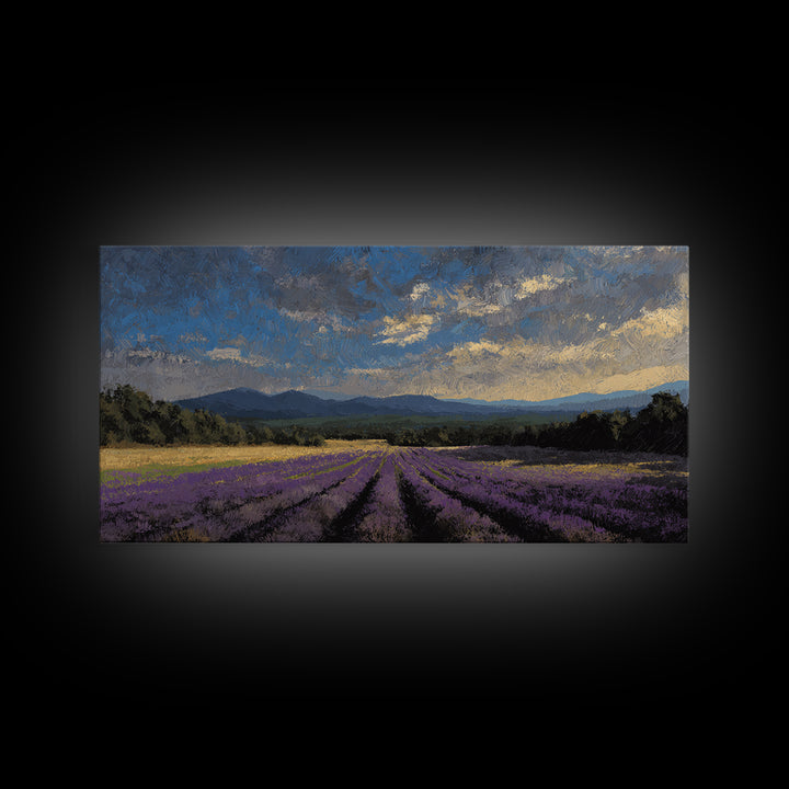 Lavender Field Leading to Distant Hills Framed Canvas Print, Landscape Art, Minimalist Decor, Living Room Decor, Oil Painting, LAN-2x1-30