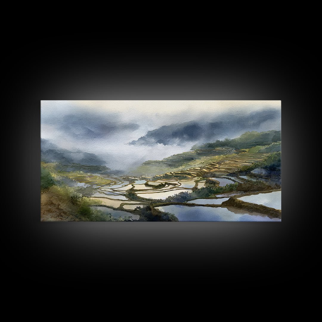 Rice Terraces Glowing Framed Canvas Print, Landscape Art, Luxury Decor, Living Room Decor, Fine Art, Horizon, Digital Art, LAN-2x1-38