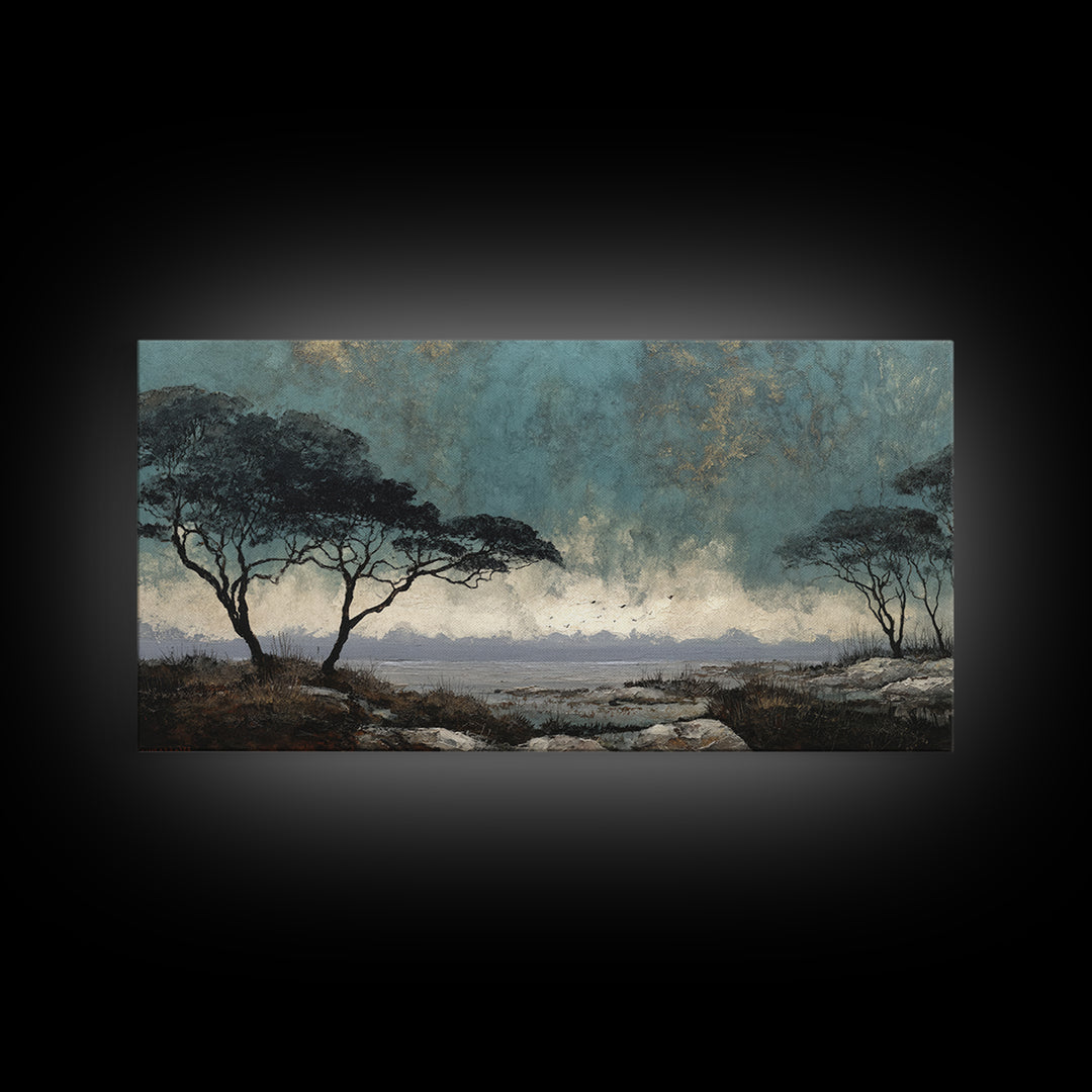 Wide Savanna with Acacia Silhouette Canvas Print, Landscape Art, Digital Art, Living Room Decor, Horizon, Boho Wall Art, LAN-2x1-39