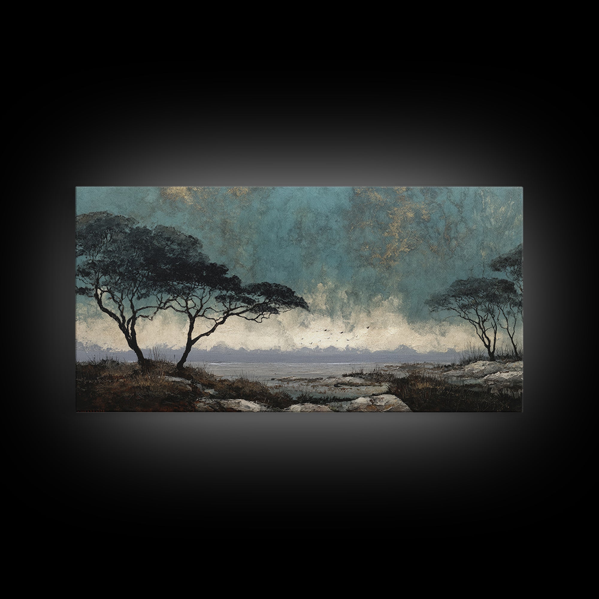 Wide Savanna with Acacia Silhouette Canvas Print, Landscape Art, Digital Art, Living Room Decor, Horizon, Boho Wall Art, LAN-2x1-39