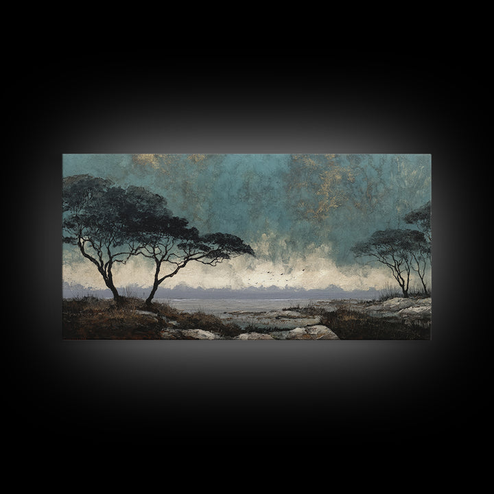 Wide Savanna with Acacia Silhouette Canvas Print, Landscape Art, Digital Art, Living Room Decor, Horizon, Boho Wall Art, LAN-2x1-39