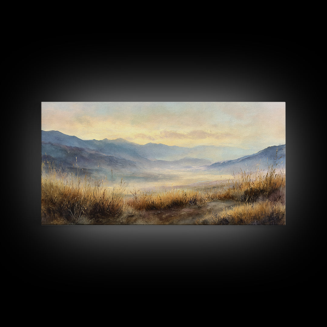 Misty Mountain Valley at Sunrise Framed Canvas Print, Landscape Art, Framed Wall Art, Living Room Decor, Oil Painting, Horizon, LAN-2x1-45