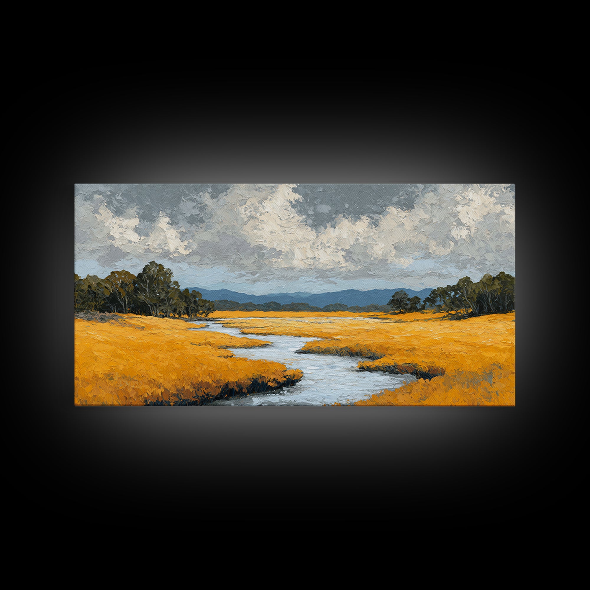 Winding River Through Golden Fields Framed Canvas Print, Landscape Art, Wall Decor, Living Room Decor, Fine Art, Horizon, LAN-2x1-46