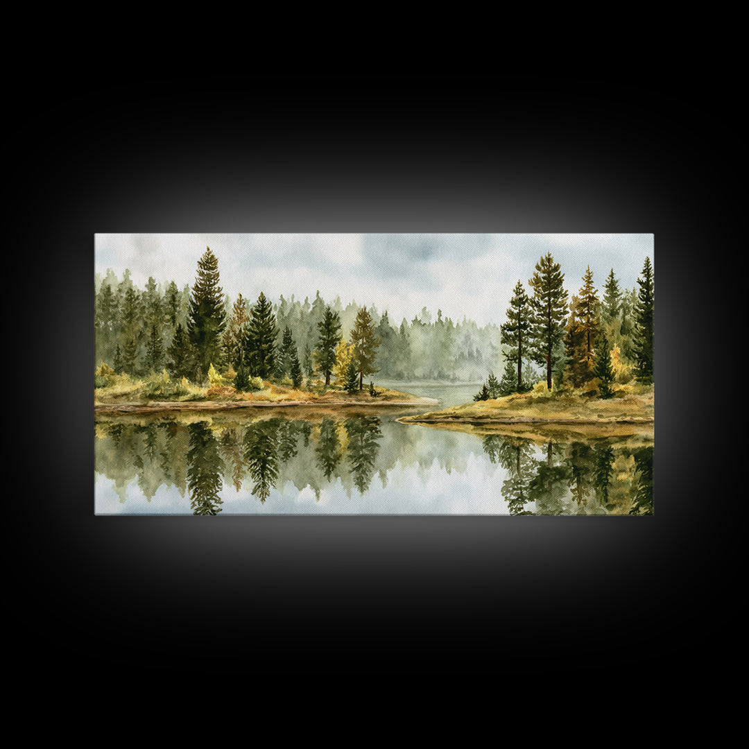 Quiet Lake Reflecting Pine Forest Canvas Print, Landscape Art, Digital Prints, Living Room Decor, Horizon, Farmhouse Decor, LAN-2x1-48