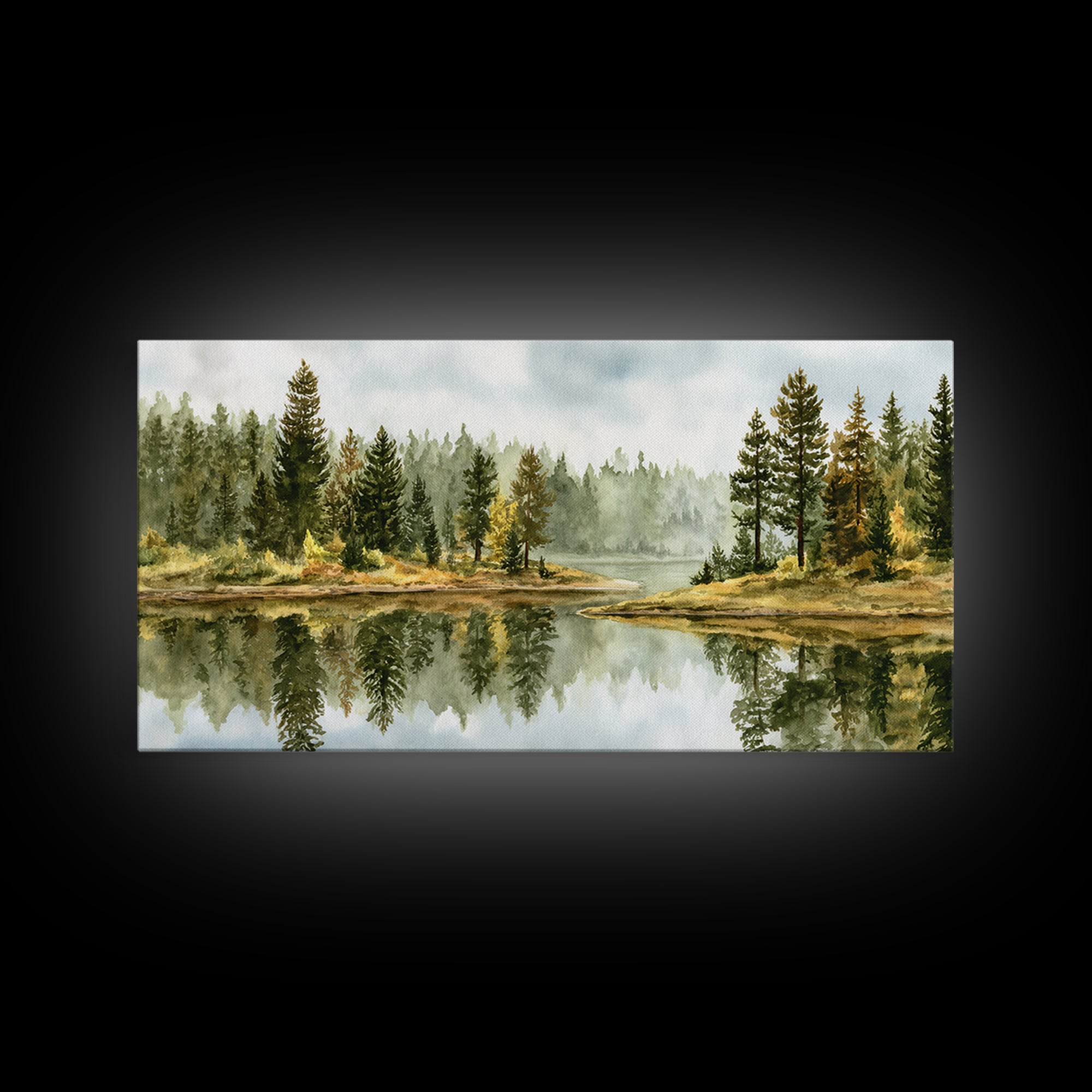 Quiet Lake Reflecting Pine Forest Canvas Print, Landscape Art, Digital Prints, Living Room Decor, Horizon, Farmhouse Decor, LAN-2x1-48
