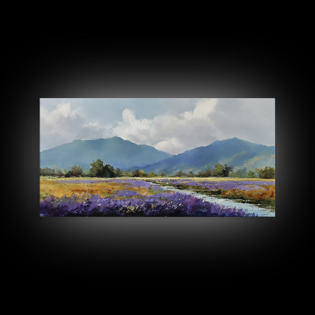 Lavender Field Leading to Distant Hills Canvas Print, Landscape Art, Digital Prints, Living Room Decor, Fine Art, Horizon, LAN-2x1-54