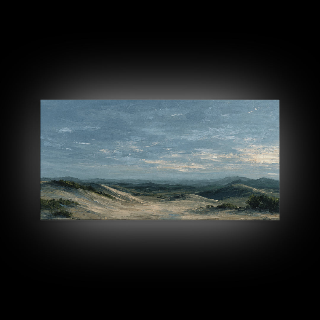 Desert Dunes under Pale Moon Framed Canvas Print, Landscape Art, Farmhouse Decor, Living Room Decor, Fine Art, Horizon, LAN-2x1-55