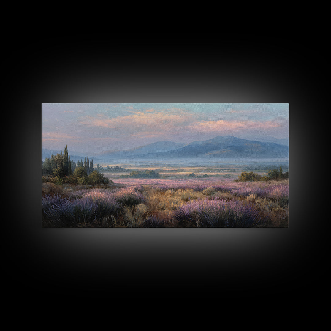 Lavender Field Leading to Distant Hills Framed Canvas Print, Landscape Art, Minimalist Decor, Living Room Decor, Oil Painting, LAN-2x1-6