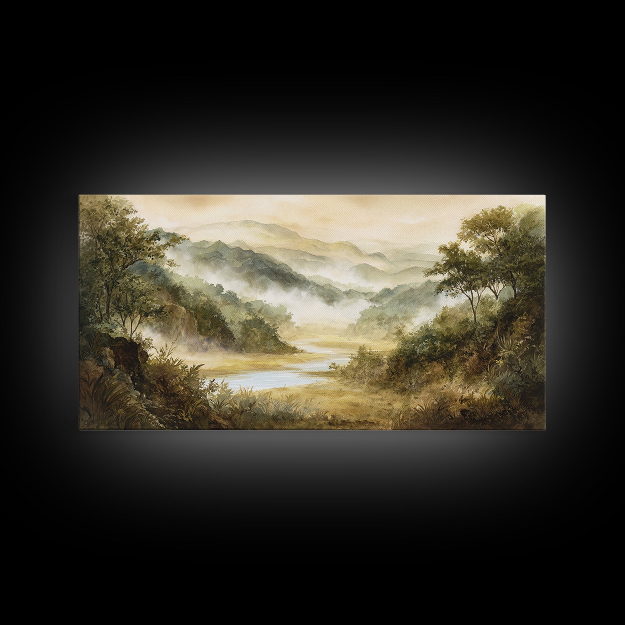 Tropical Jungle Waterfall Framed Canvas Print, Landscape Art, Digital Art, Living Room Decor, Fine Art, Horizon, Boho Wall Art, LAN-2x1-60