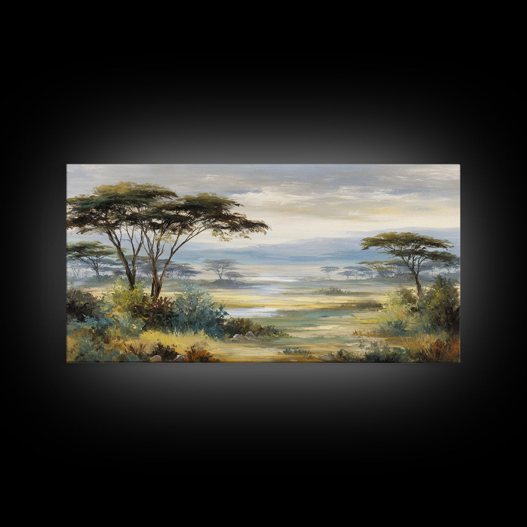 Wide Savanna with Acacia Silhouette Canvas Print, Landscape Art, Abstract Wall Art, Living Room Decor, Fine Art, Horizon, LAN-2x1-63