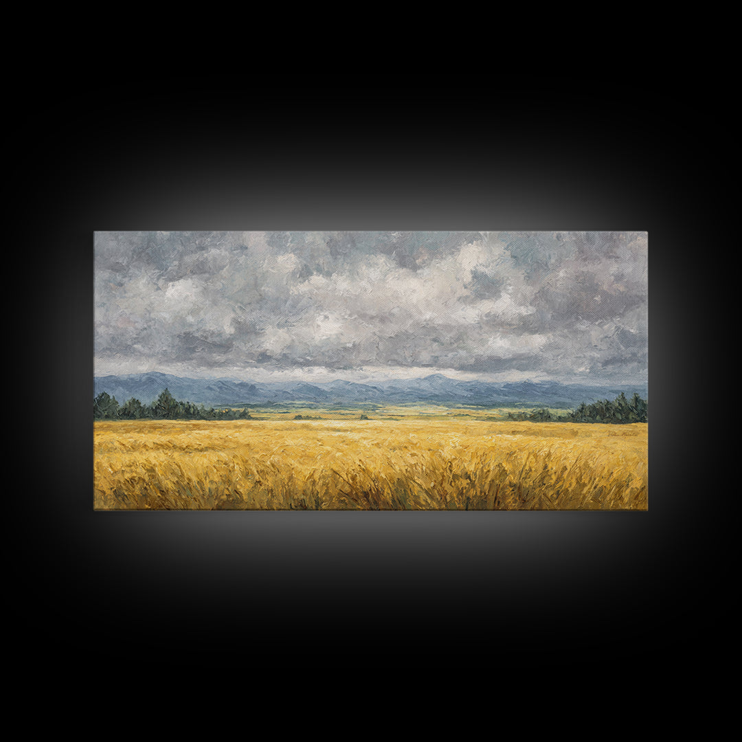 Golden Wheat Field Beneath Huge Clouds Canvas Print, Landscape Art, Original Painting, Living Room Decor, Fine Art, Horizon, LAN-2x1-68