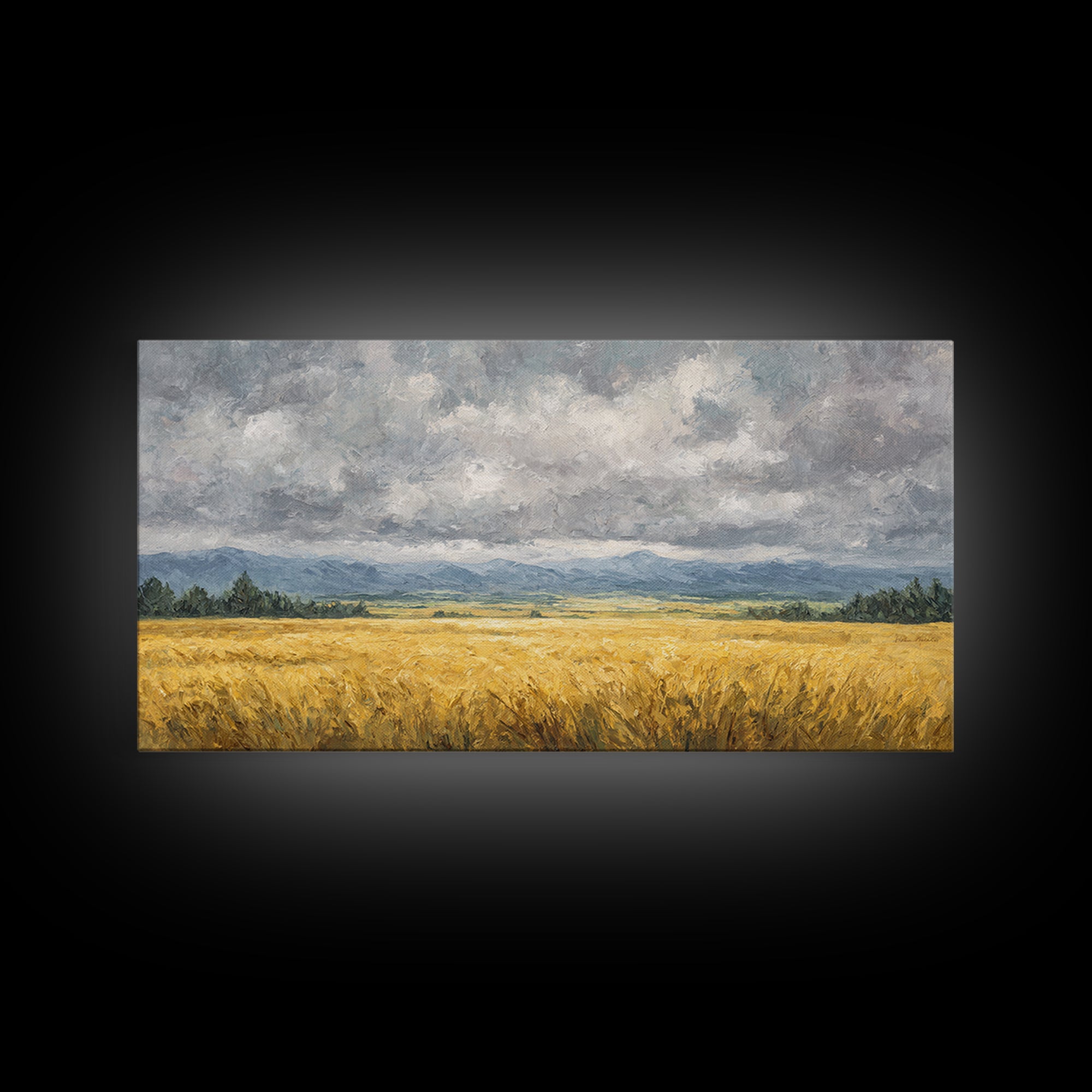 Golden Wheat Field Beneath Huge Clouds Canvas Print, Landscape Art, Original Painting, Living Room Decor, Fine Art, Horizon, LAN-2x1-68