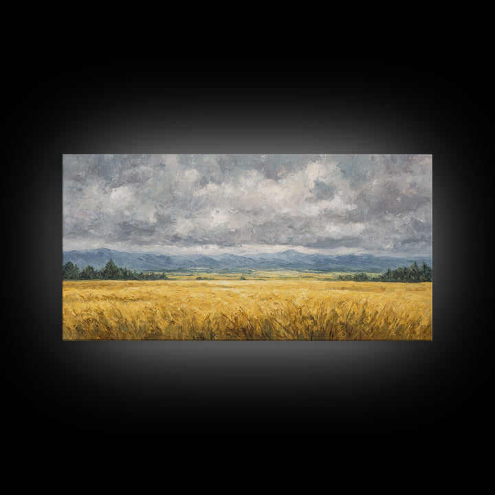 Golden Wheat Field Beneath Huge Clouds Canvas Print, Landscape Art, Original Painting, Living Room Decor, Fine Art, Horizon, LAN-2x1-68