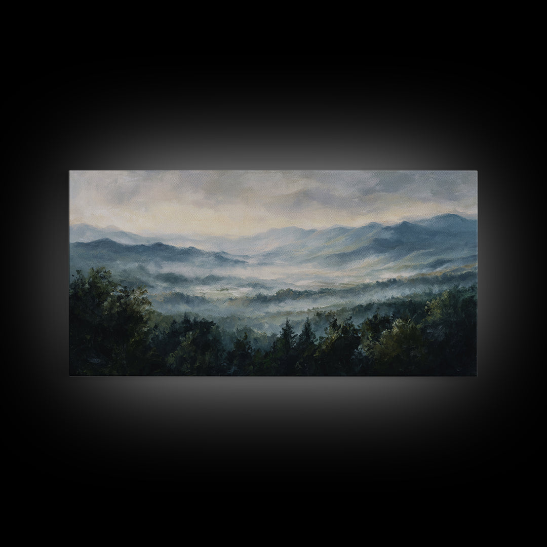Misty Mountain Valley at Sunrise Canvas Print, Landscape Art, Abstract Wall Art, Living Room Decor, Fine Art, Horizon, LAN-2x1-69