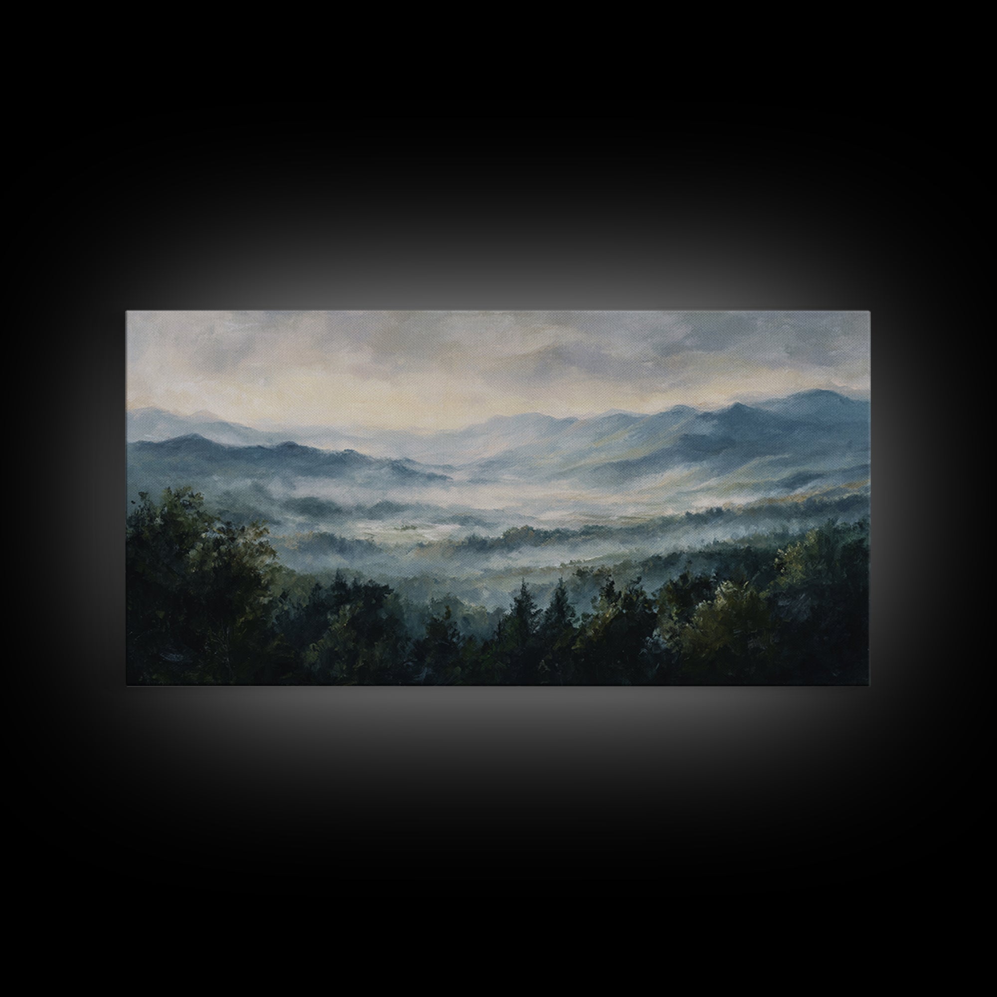 Misty Mountain Valley at Sunrise Canvas Print, Landscape Art, Abstract Wall Art, Living Room Decor, Fine Art, Horizon, LAN-2x1-69