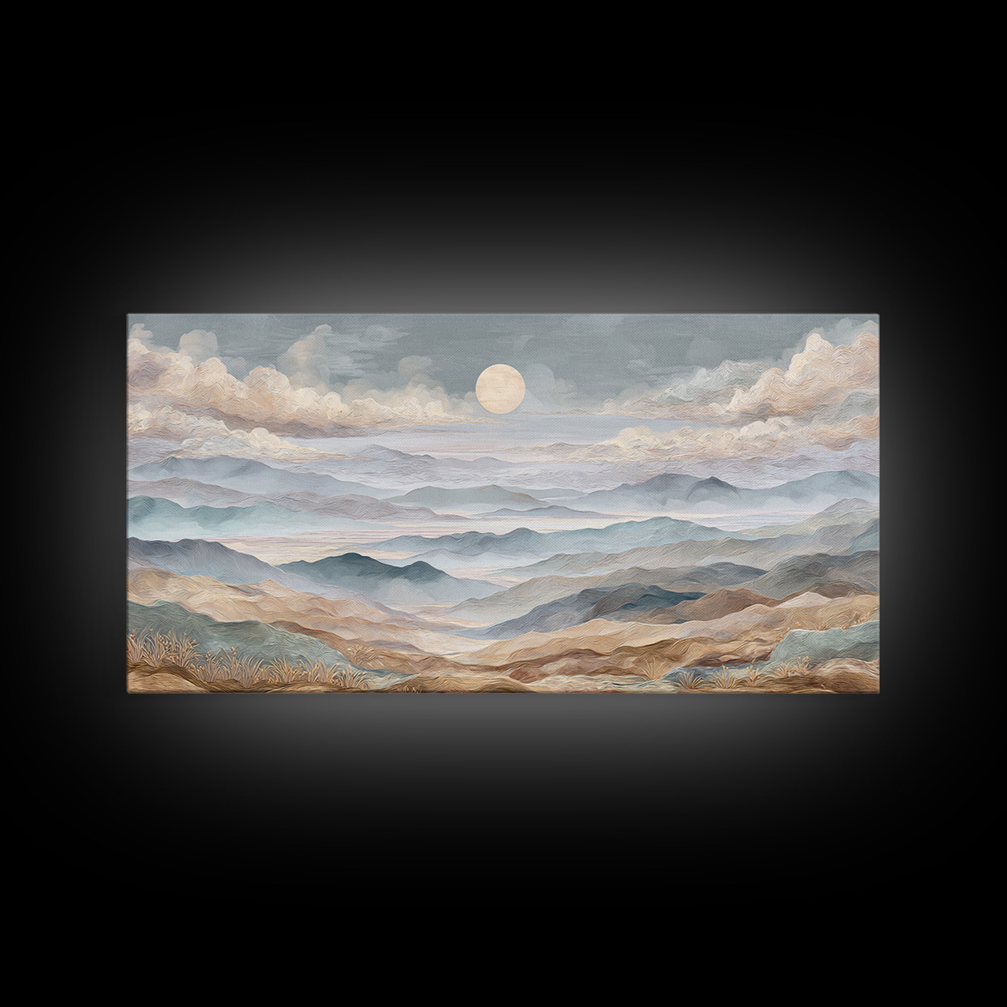 Desert Dunes under Pale Moon Framed Canvas Print, Landscape Art, Art Prints, Living Room Decor, Horizon, Abstract Wall Art, LAN-2x1-7
