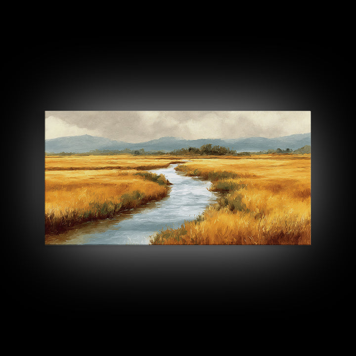 Winding River Through Golden Fields Canvas Print, Landscape Art, Printable Wall Art, Living Room Decor, Oil Painting, Horizon, LAN-2x1-70