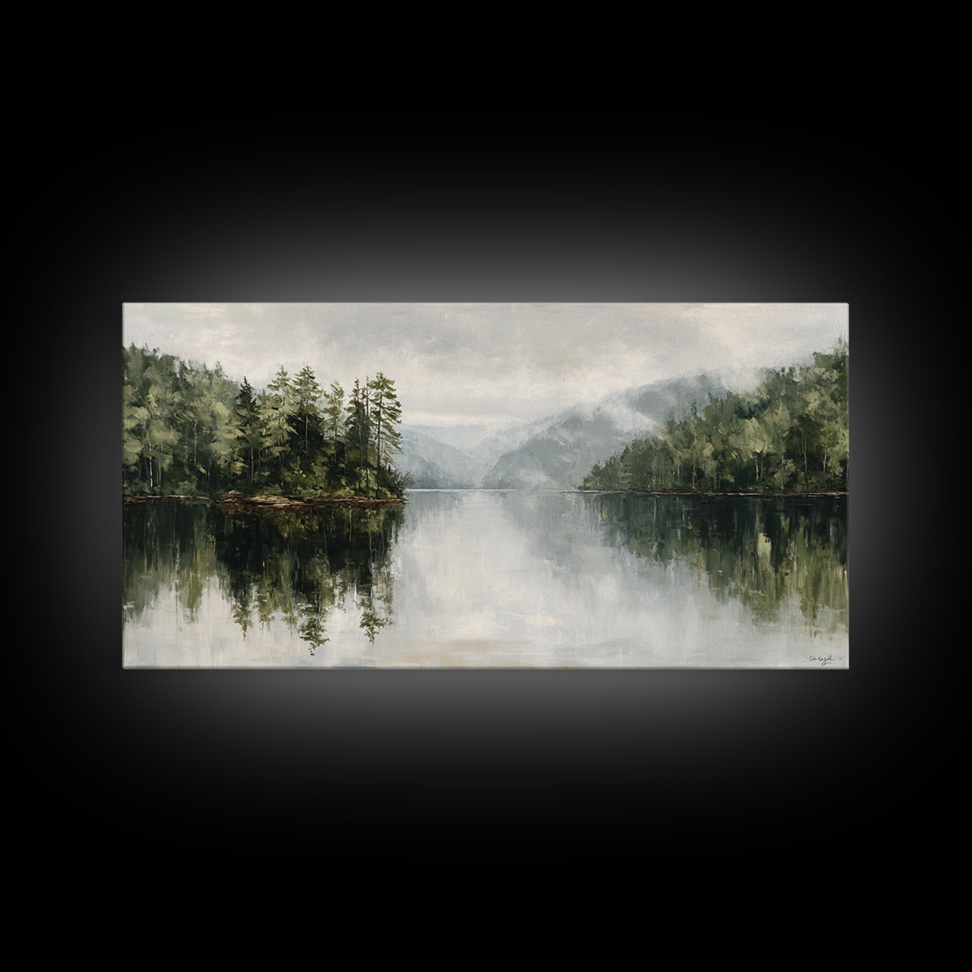 Quiet Lake Reflecting Pine Forest Framed Canvas Print, Landscape Art, Digital Wall Art, Living Room Decor, Fine Art, Horizon, LAN-2x1-72