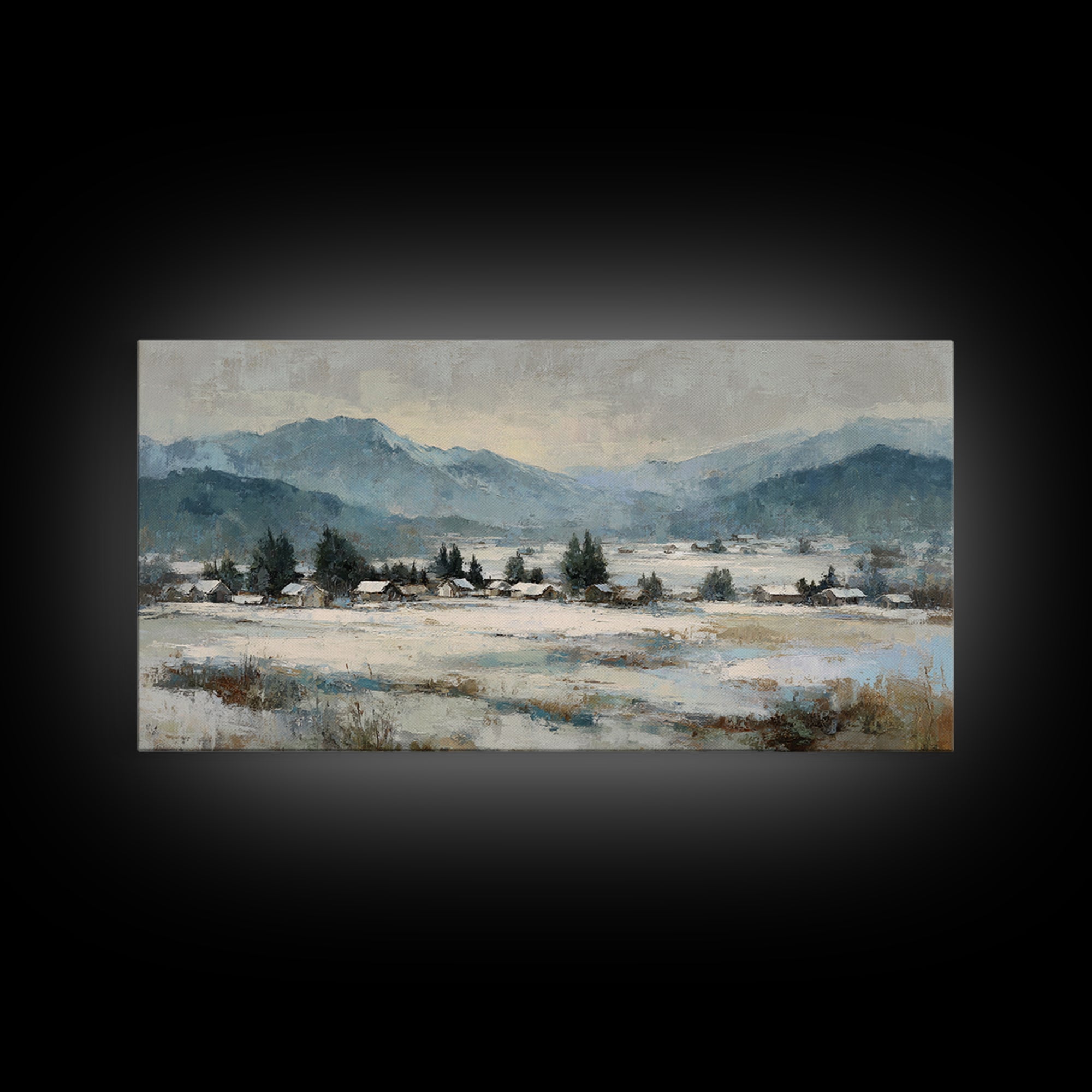 Snow Covered Alpine Village at Dusk Framed Canvas Print, Landscape Art, Room Decor, Living Room Decor, Fine Art, Horizon, LAN-2x1-75