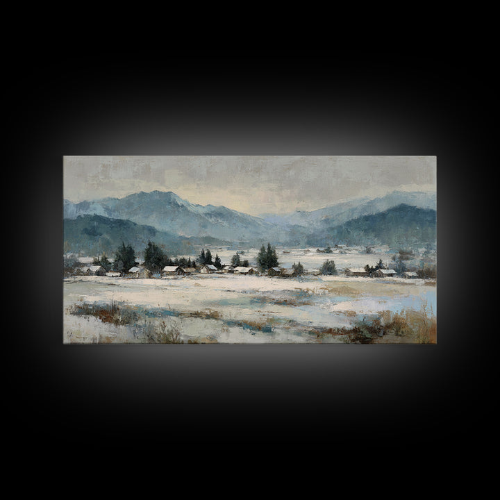 Snow Covered Alpine Village at Dusk Framed Canvas Print, Landscape Art, Room Decor, Living Room Decor, Fine Art, Horizon, LAN-2x1-75