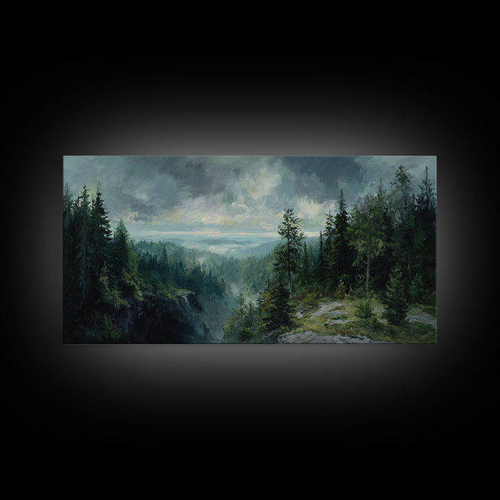 Waterfall Hidden in Dense Forest Framed Canvas Print, Landscape Art, Luxury Decor, Living Room Decor, Fine Art, Horizon, LAN-2x1-8