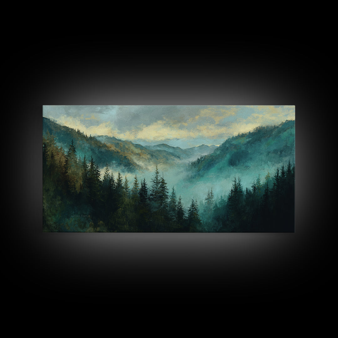 Waterfall Hidden in Dense Forest Framed Canvas Print, Landscape Art, Living Room Decor, Oil Painting, Horizon, Modern Art, LAN-2x1-80