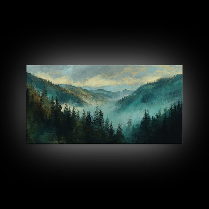 Waterfall Hidden in Dense Forest Framed Canvas Print, Landscape Art, Living Room Decor, Oil Painting, Horizon, Modern Art, LAN-2x1-80