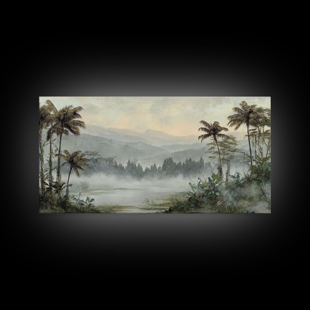 Tropical Jungle Waterfall Framed Canvas Print, Landscape Art, Abstract Wall Art, Living Room Decor, Fine Art, Horizon, LAN-2x1-84