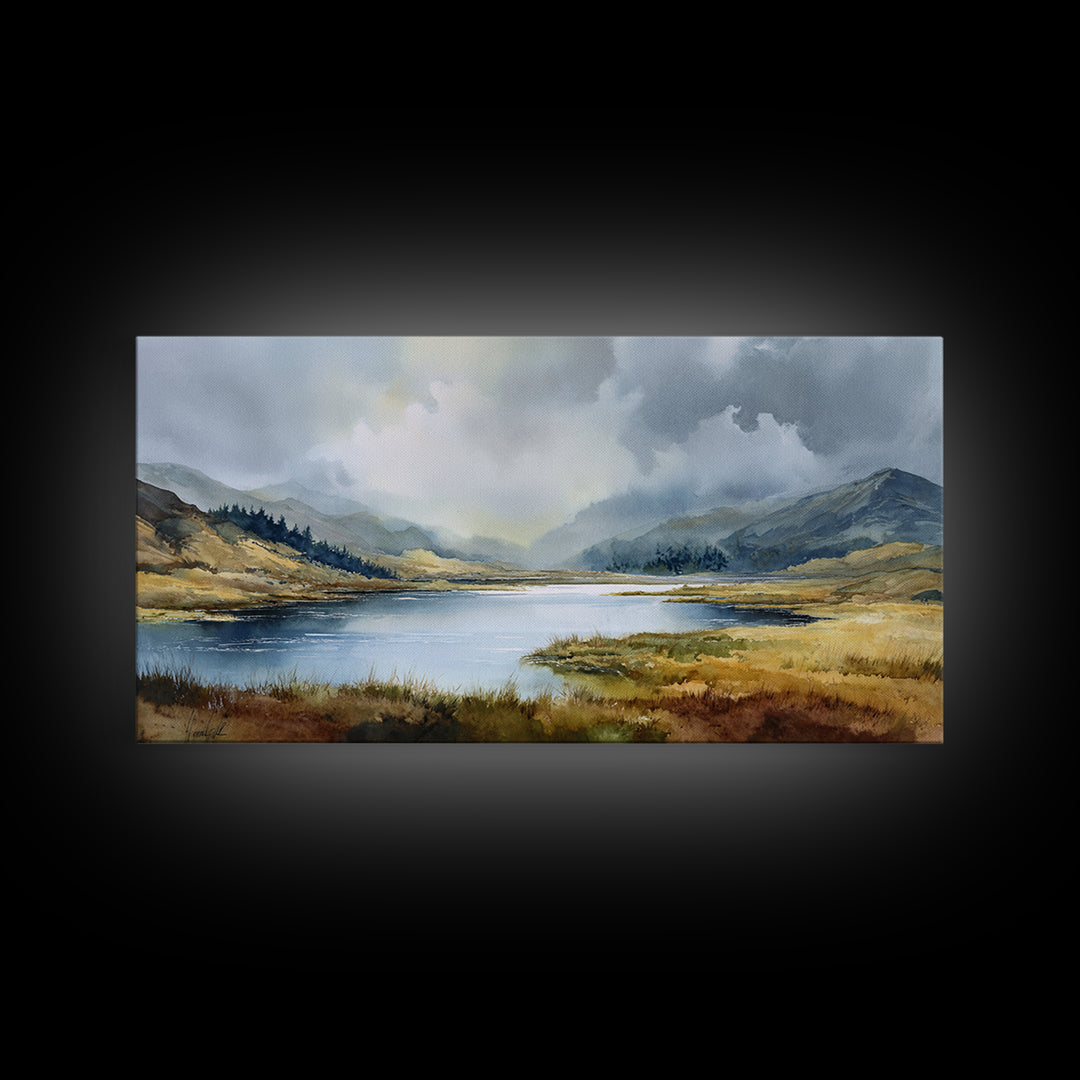 Rocky Scottish Highland Framed Canvas Print, Landscape Art, Farmhouse Decor, Living Room Decor, Horizon, Floral Wall Art, LAN-2x1-85
