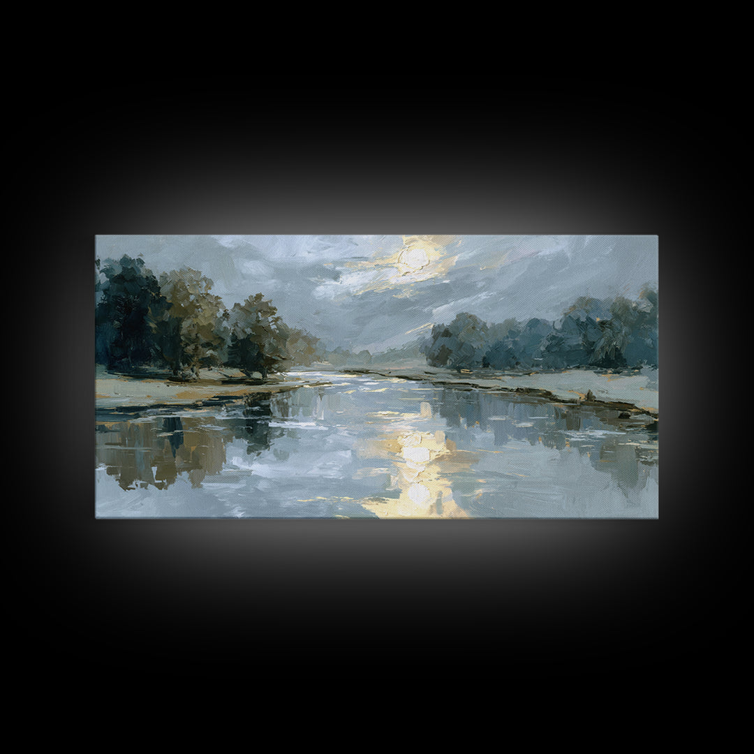 Moonlit River with Silver Reflections Canvas Print, Landscape Art, Living Room Decor, Oil Painting, Horizon, Modern Art, LAN-2x1-89
