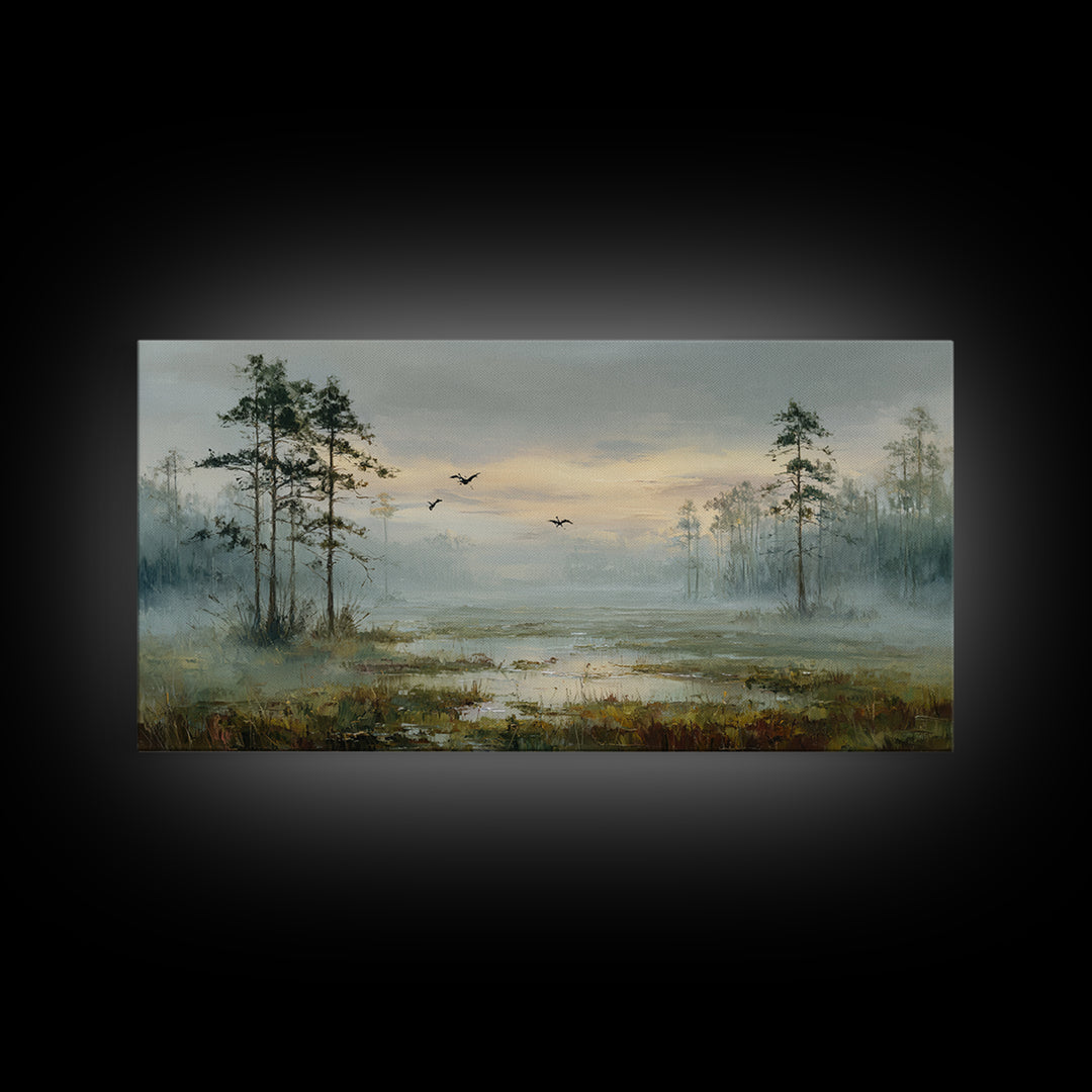 Misty Cypress Swamp Framed Canvas Print, Landscape Art, Digital Art, Living Room Decor, Fine Art, Horizon, Boho Wall Art, LAN-2x1-90