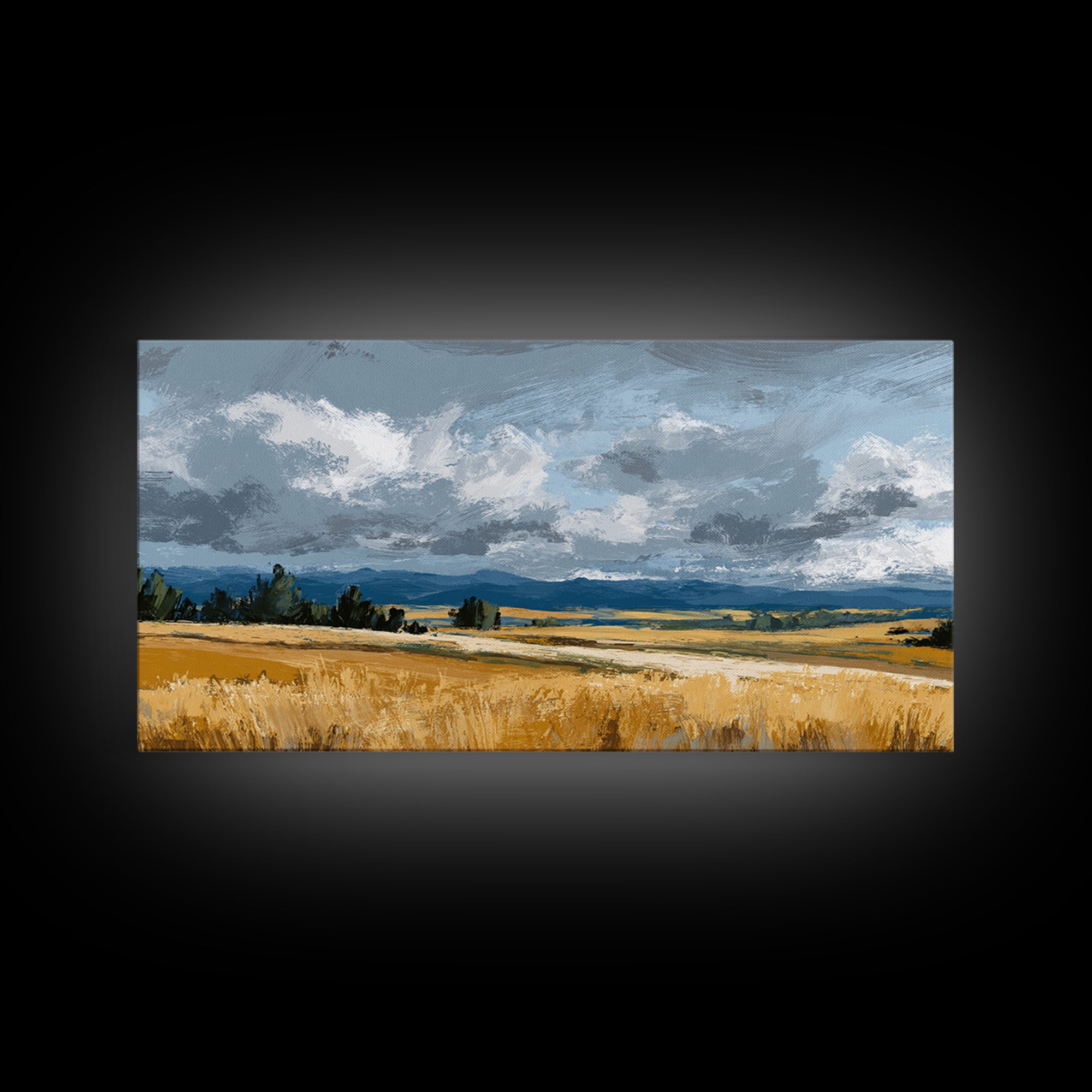 Golden Wheat Field Beneath Huge Clouds Framed Canvas Print, Landscape Art, Digital Print, Living Room Decor, Fine Art, Horizon, LAN-2x1-92