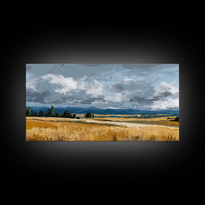 Golden Wheat Field Beneath Huge Clouds Framed Canvas Print, Landscape Art, Digital Print, Living Room Decor, Fine Art, Horizon, LAN-2x1-92