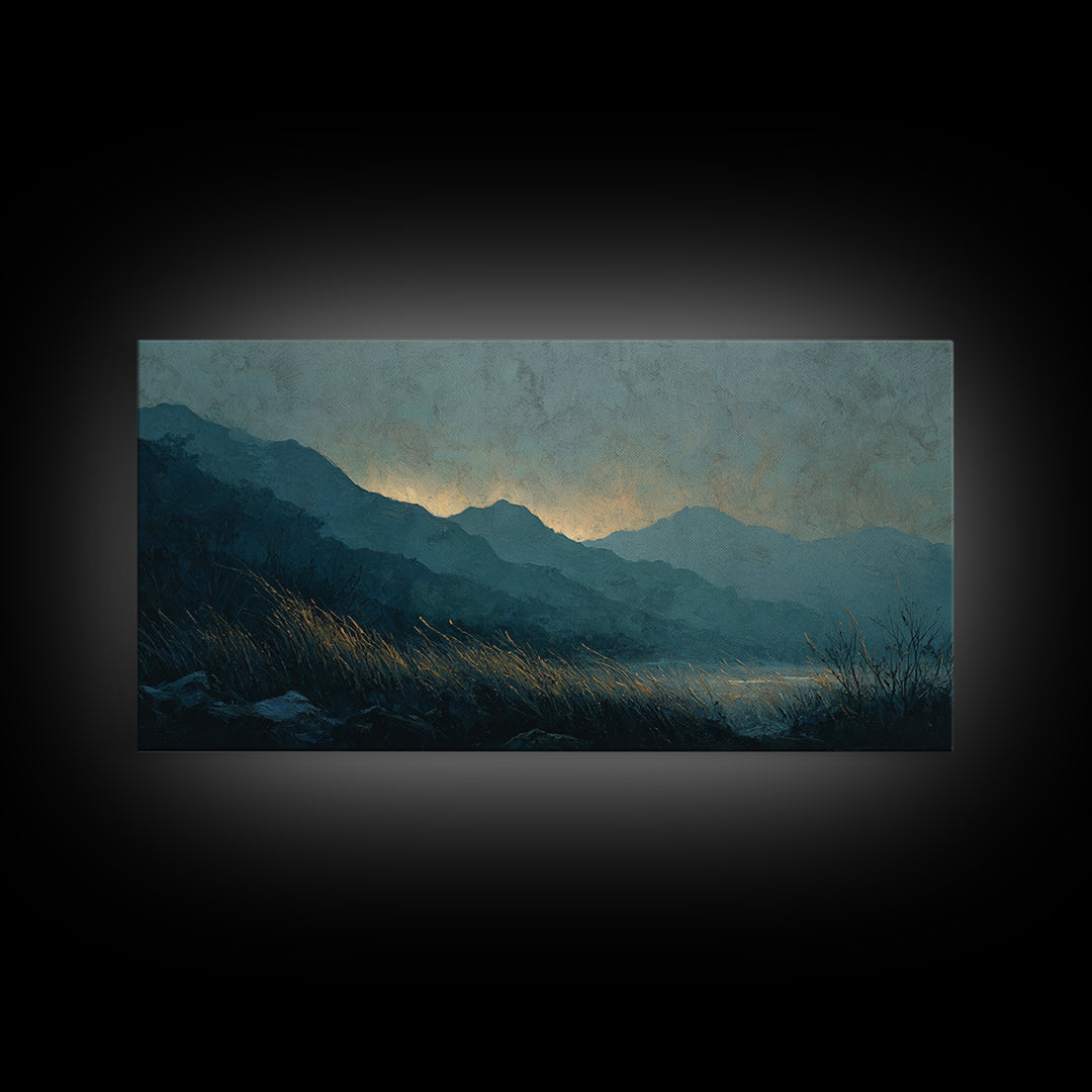 Misty Mountain Valley at Sunrise Canvas Print, Landscape Art, Abstract Wall Art, Living Room Decor, Fine Art, Horizon, LAN-2x1-93