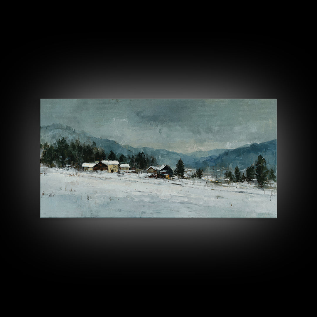 Snow Covered Alpine Village at Dusk Framed Canvas Print, Landscape Art, Abstract Wall Art, Living Room Decor, Fine Art, Horizon, LAN-2x1-99