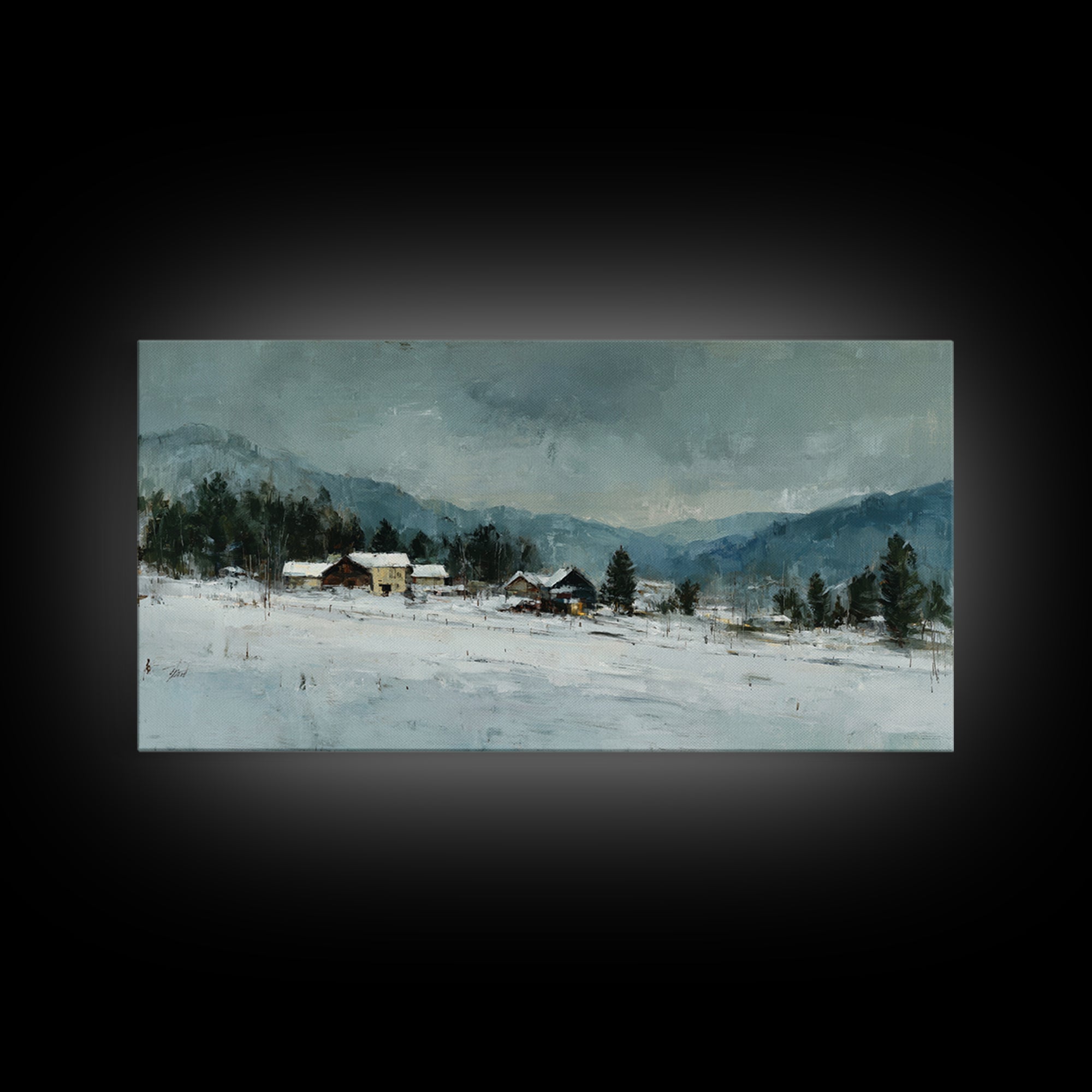 Snow Covered Alpine Village at Dusk Framed Canvas Print, Landscape Art, Abstract Wall Art, Living Room Decor, Fine Art, Horizon, LAN-2x1-99