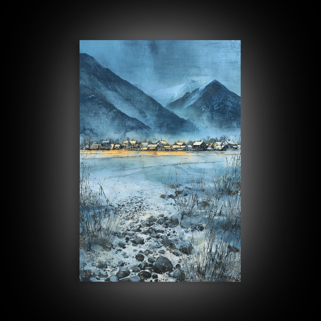 Snow Covered Alpine Village at Dusk Canvas Print, Landscape Art, Minimalist Decor, Living Room Decor, Oil Painting, Horizon, LAN-2x3-15