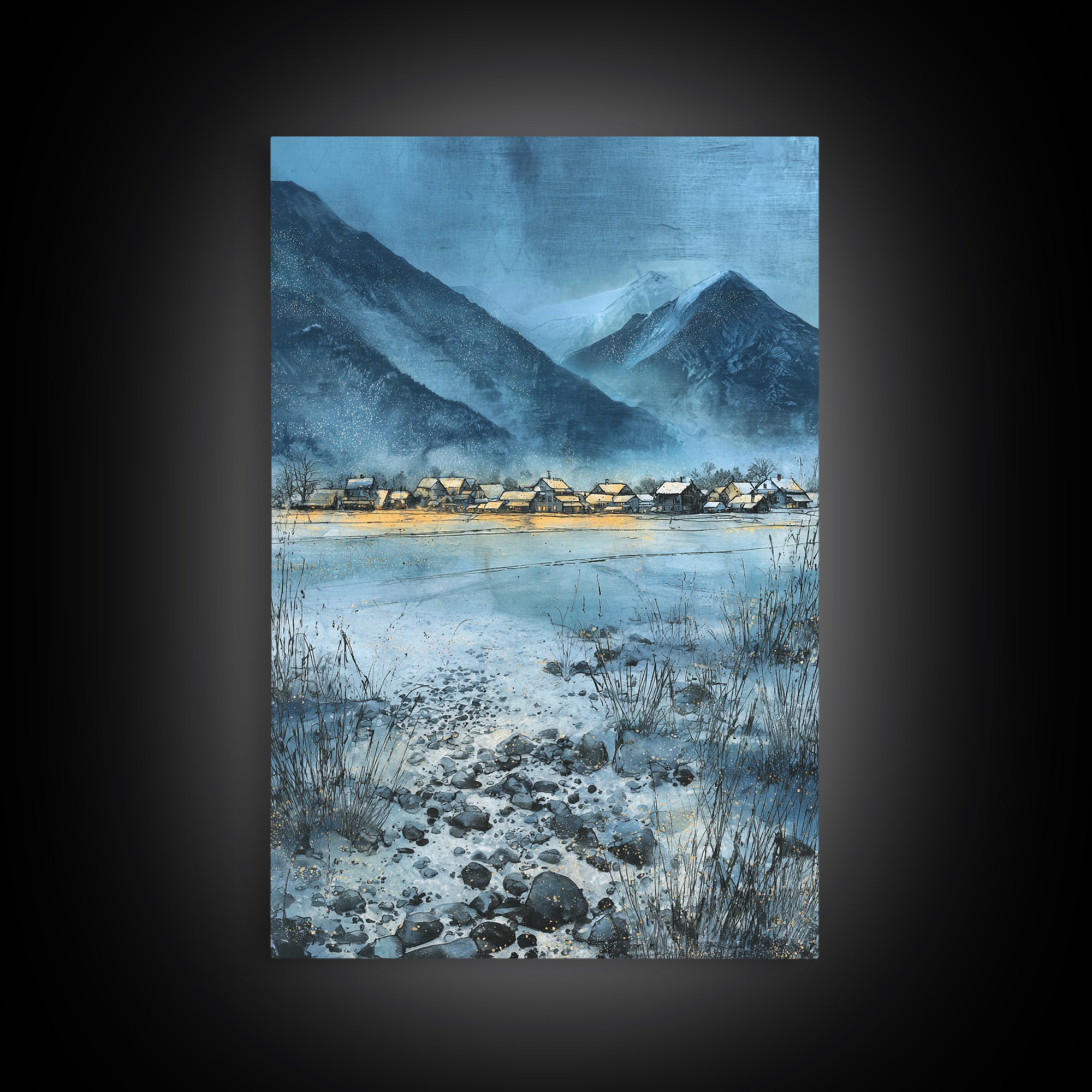 Snow Covered Alpine Village at Dusk Canvas Print, Landscape Art, Minimalist Decor, Living Room Decor, Oil Painting, Horizon, LAN-2x3-15