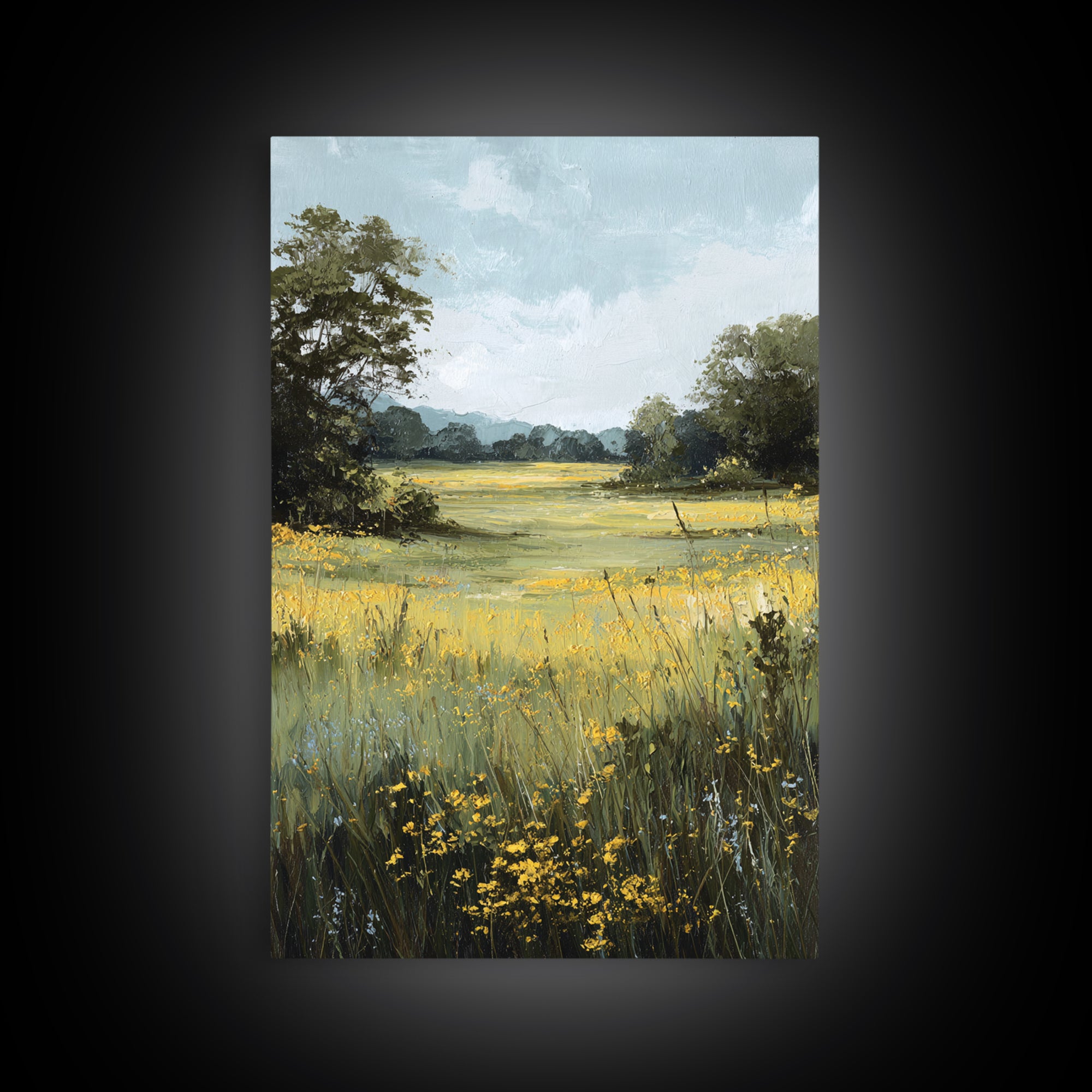 Sunlit Meadow with Wildflowers Framed Canvas Print, Landscape Art, Digital Art, Living Room Decor, Fine Art, Horizon, LAN-2x3-21