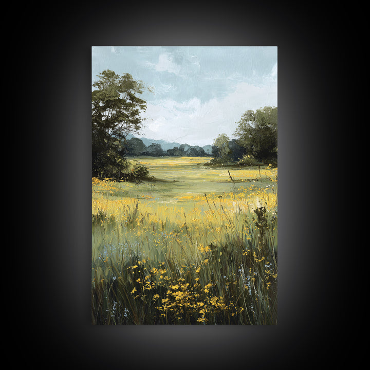 Sunlit Meadow with Wildflowers Framed Canvas Print, Landscape Art, Digital Art, Living Room Decor, Fine Art, Horizon, LAN-2x3-21